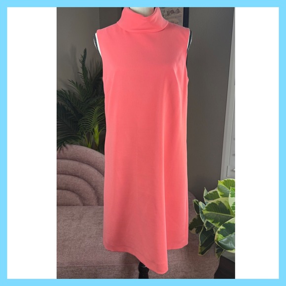 Sleeveless Coral Pink Shift Dress Mock Turtleneck Mod Style - Picture 2 of 12